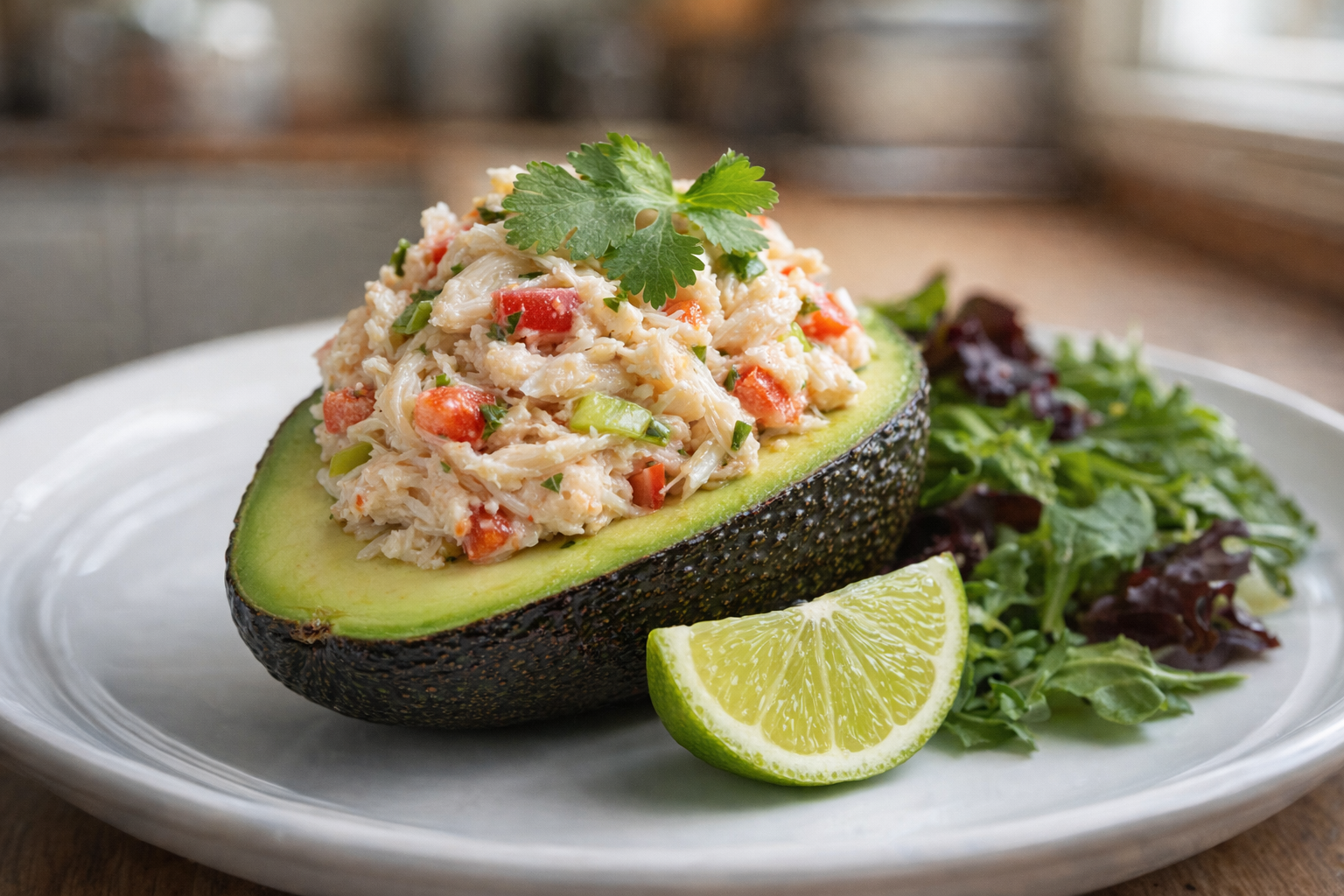 A close-up shot of crab salad stuffed into half of an avocado, garnished with cilantro and a lime wedge, placed on a white plate with a side of mixed greens